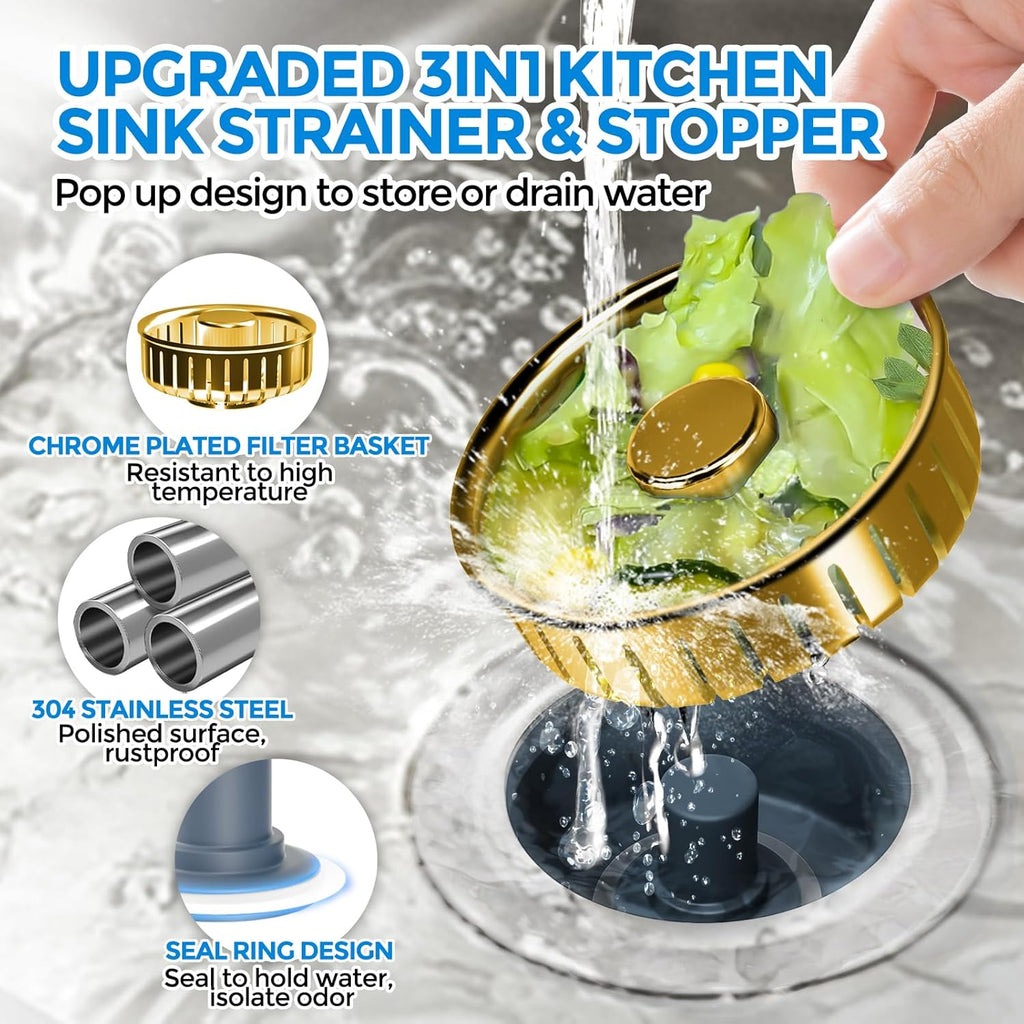 zaa Kitchen Sink Drain Strainer - Kitchen Sink Stopper, 304 Stainless Steel Sink Drain Stopper, Sink Protector for Kitchen with Anti-Clog Filter, Fit US Standard 3-1/2'' Sink Drain Hole, Gold