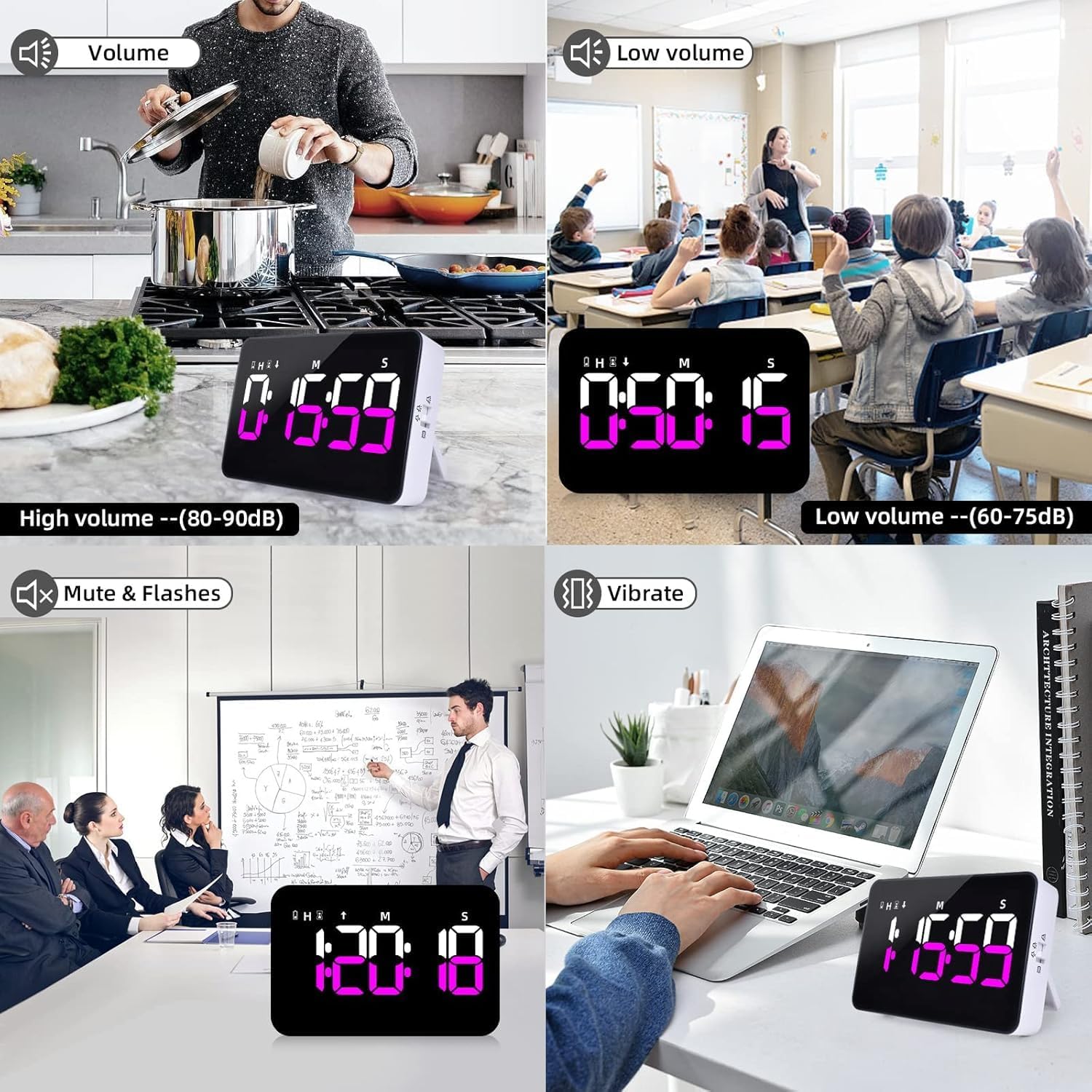 Kitchen Digital Timer, Count Down Up, Rechargeable, Vibration Mode Adjustable Volume and Brightness LED Display, Time Management Cook, Desk, Kids Adults Study Teaching, Kitchen Gadgets
