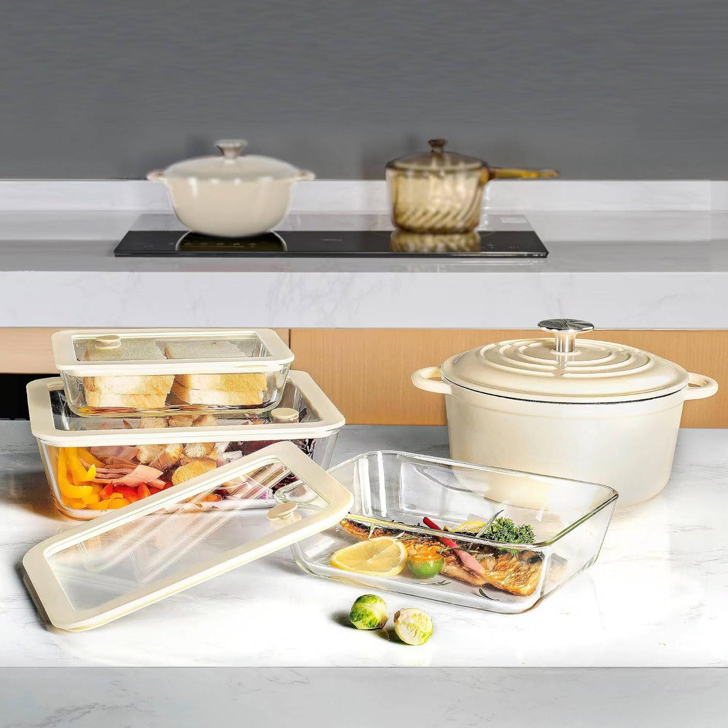 Urban Green Glass Food Container Set with Silicone Glass Lid, 3 Pack, Airtight, LeakProof, 100% Plastic Free, Meal Prep Containers (White Color)