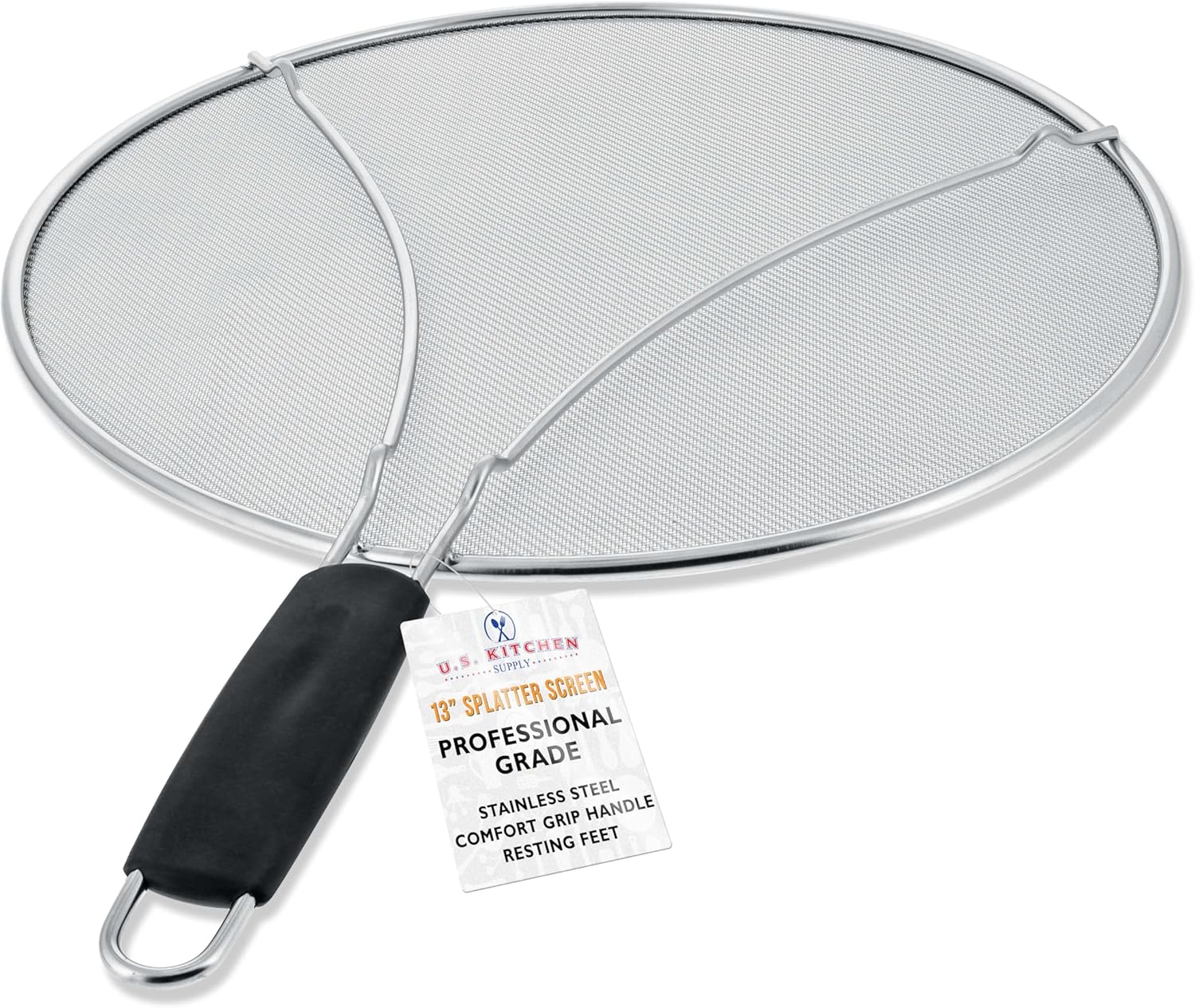 U.S. Kitchen Supply Stainless Steel Splatter Guard 13" Fine Mesh Cover, Grease & Oil, Splatter Screen for Frying Pan, Cooking Pots, with Resting Feet & Comfort Grip Handle