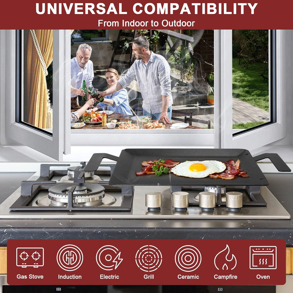 Carbon Steel Griddle - Professional Cookware Griddle Pan for Induction, Stove Top, Gas Grill, Cooktop, Electric and more, 17" x 10" NonStick Flat Top Griddle Plate Skillet, Indoor/Outdoor Use