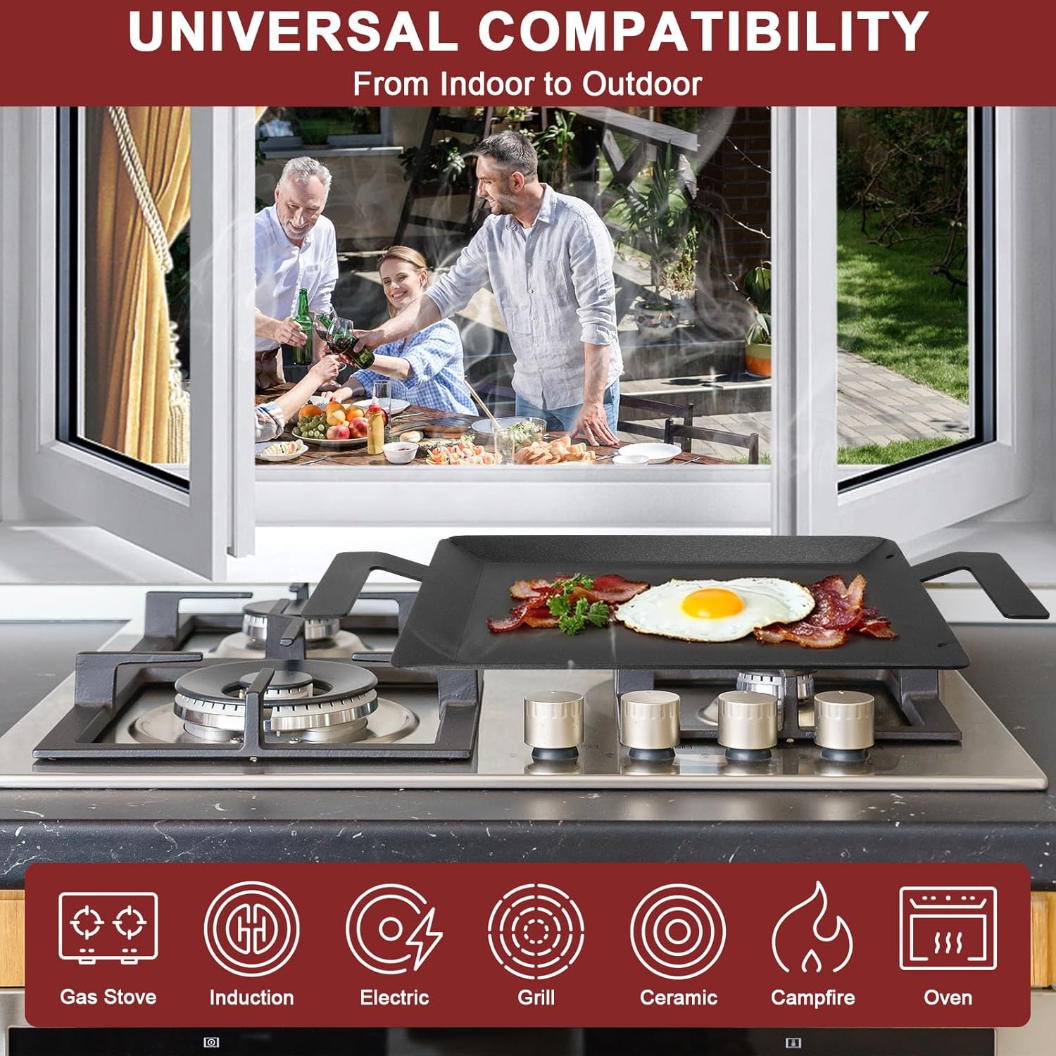 Carbon Steel Griddle - Professional Cookware Griddle Pan for Induction, Stove Top, Gas Grill, Cooktop, Electric and more, 17" x 10" NonStick Flat Top Griddle Plate Skillet, Indoor/Outdoor Use