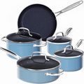 Nuwave 9pc Cookware Set Healthy Duralon Blue Ceramic Nonstick Coated, Diamond Infused Scratch-Resistant, PFAS Free, Oven Safe, Induction Ready & Evenly Heats, Tempered Glass Lids & Stay-Cool Handle