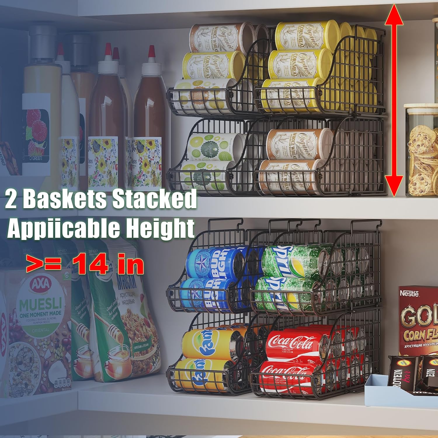 4-Pack Stackable Canned Food Organizer with Handles for Kitchen, Soda Can Organizer for Pantry Shelves, Wire Cabinet Shelf for Can Storage, Foldable Soda Dispenser, Patent Pending, Black