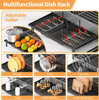 Dish Rack for Kitchen Counter, 304 Stainless Steel Dish Drying Rack, Expandable Dish Drainer, Foldable Dish Strainer with Cutlery Holder, Kitchen Plate Rack (Black, Large Size)