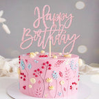 1 PCS Happy Birthday Cake Topper Glitter Cake Pick for Celebrating Anniversary Theme Party Cake Decorations Supplies Light Pink