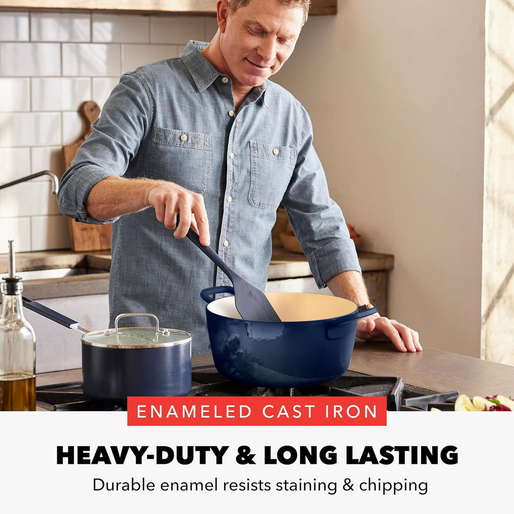 GreenPan x Bobby Flay 5.5QT Enameled Cast Iron Round Dutch Oven with Lid, Dual Handles, Oven Safe to 500F & Induction Suitable, Self Basting Lid, Ultra-Durable, Sear, Braising, Bread, Stews, Cobalt
