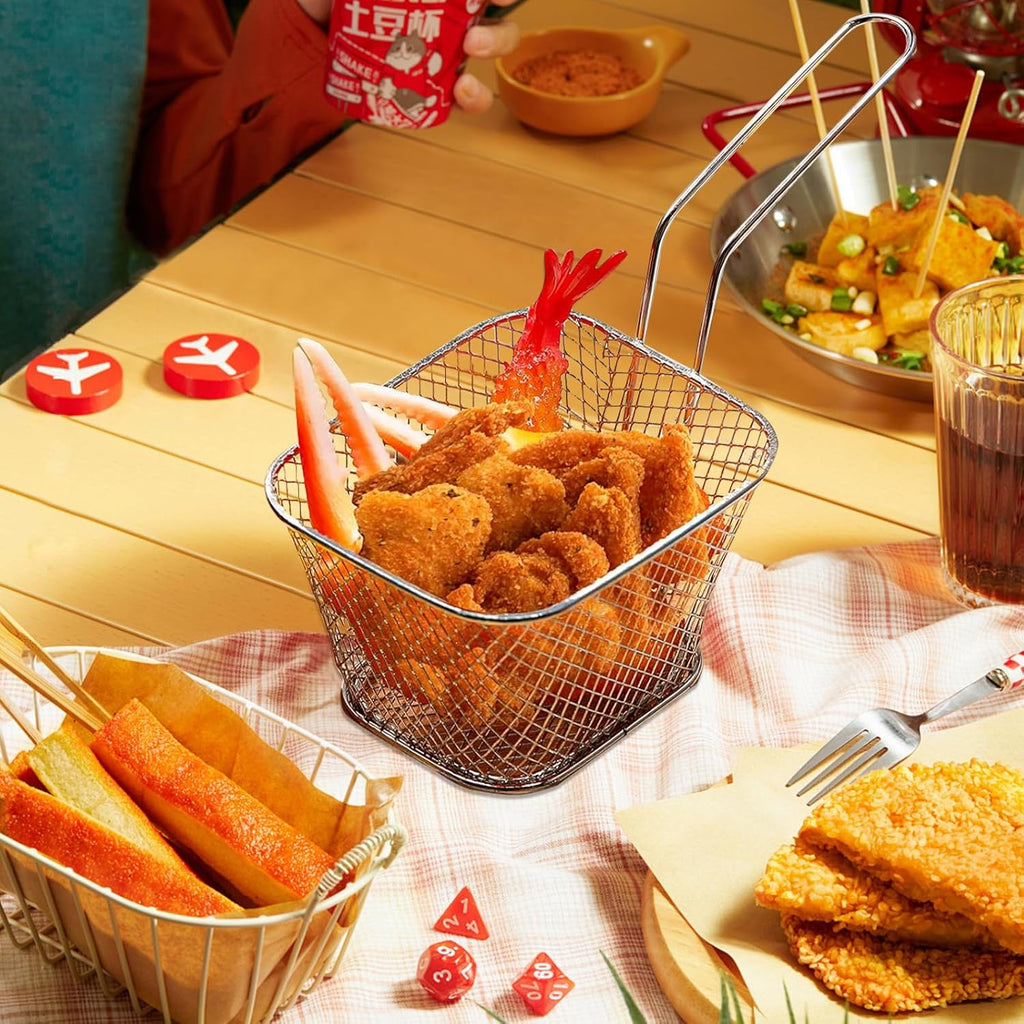 4 Pcs Mini Square Fry Baskets, 4.13×3.3×2.5inch Stainless Steel Fry Basket with Handle Steel French Fry Chip Basket French Fries Desk Food Presentation Mesh Basket Kitchen Cooking Tool