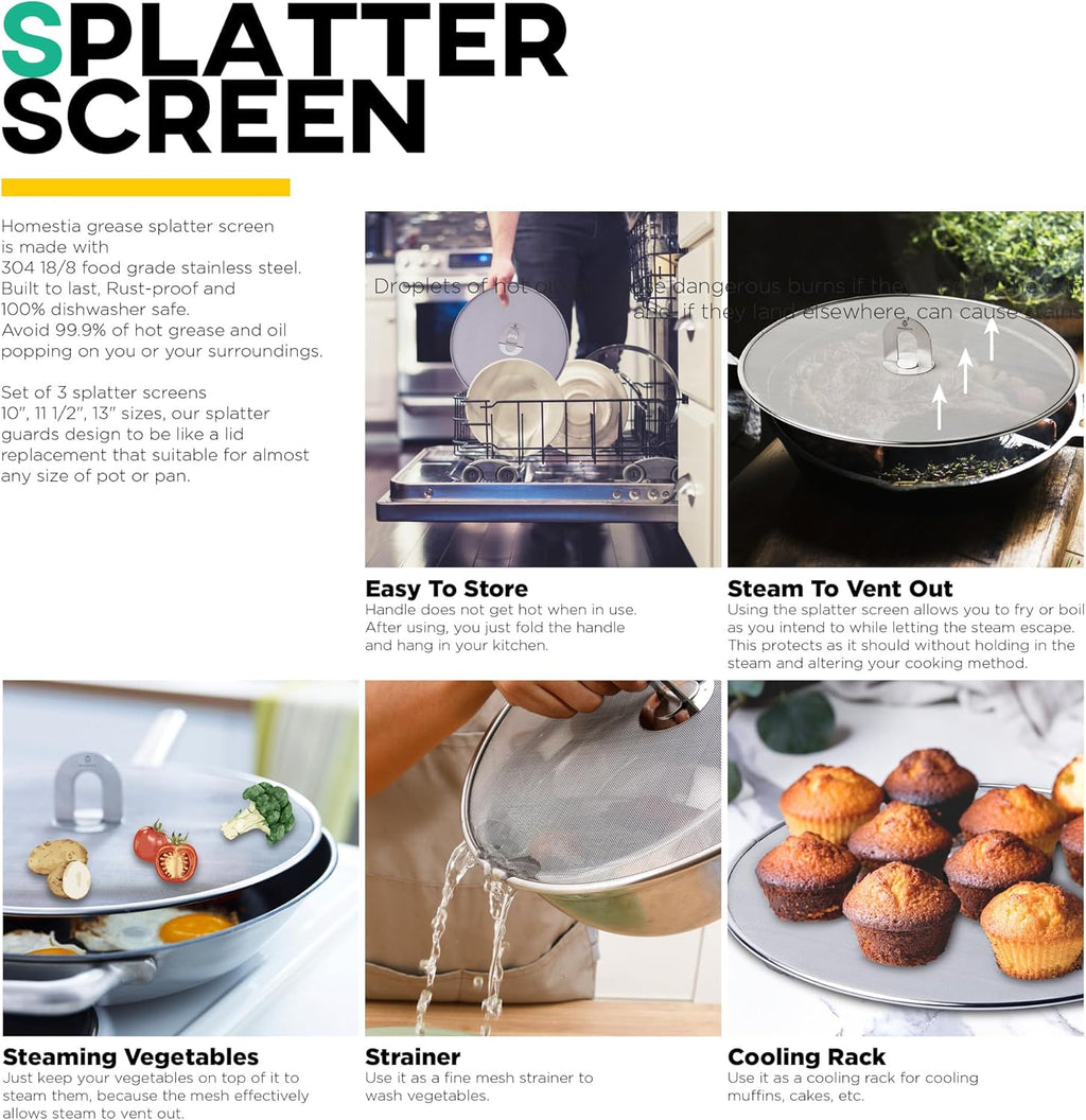 Homestia Kitchen Splatter Screen for Cooking - 10'' 11.5'' 13'' Stainless Steel Grease Splatter Guard for Frying Pan, Ultra Fine Mesh Lids with Fold Flat Knob Set for Prevent Oil Splatter (3 Pack)