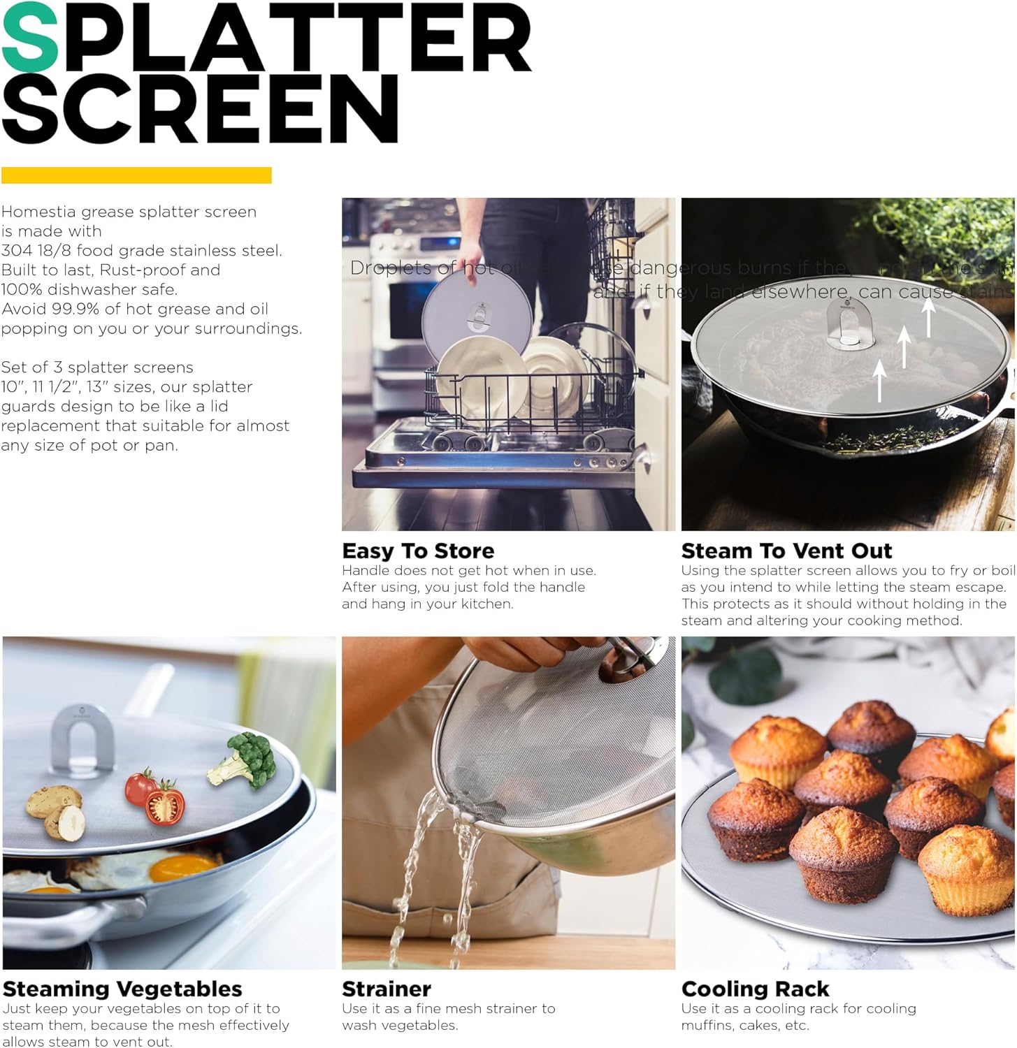Homestia Kitchen Splatter Screen for Cooking - 10'' 11.5'' 13'' Stainless Steel Grease Splatter Guard for Frying Pan, Ultra Fine Mesh Lids with Fold Flat Knob Set for Prevent Oil Splatter (3 Pack)