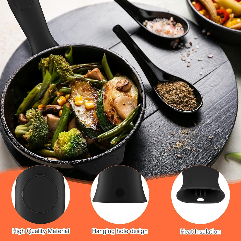 Domensi 4 Pcs Silicone Hot Handle Holder Set Cast Iron Skillet Handle Covers Heat Resistant Silicone Assist Handle Holder for Frying Pans Cast Iron Skillet Griddles Cookware(Black)