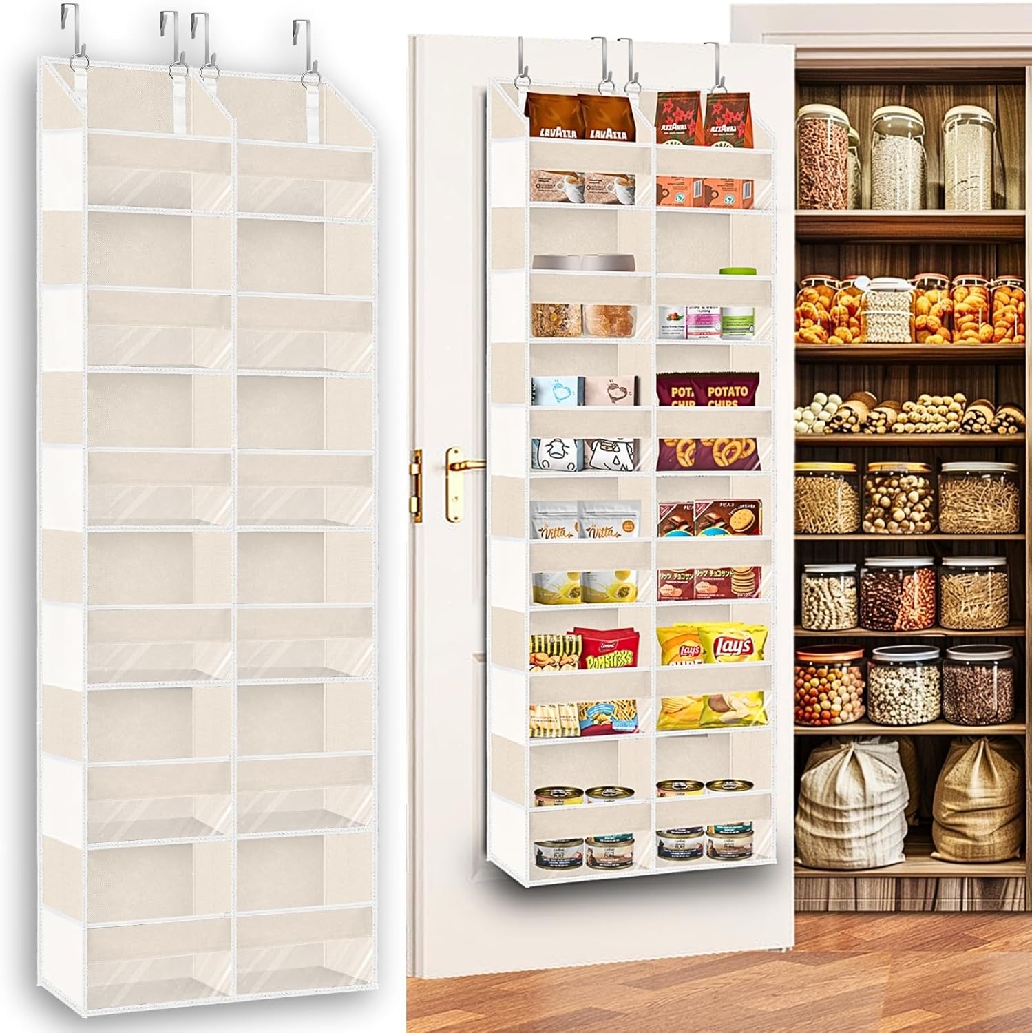 Over the Door Organizer 6 Tiers, Extra Large Behind Door Storage of 12 Compartments,80 lbs Weight Capacity Hanging Storage Organizer with Clear Window Kids Toys, Shoes, Diapers,Beige