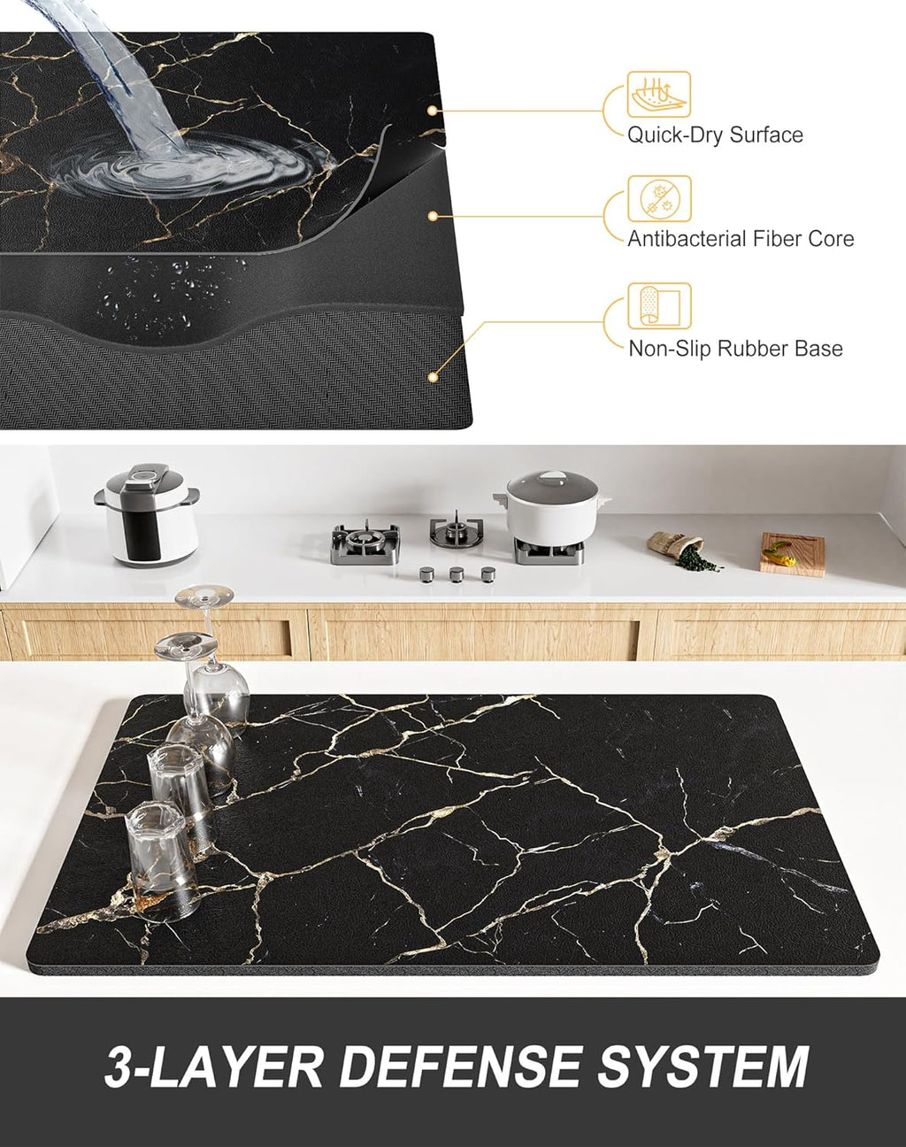 Rnivvi Dish Drying Mat for Kitchen Counter, XL 15 x 24" Cute Marble Absorbent Draining Pad, Non-Slip Heat Resistant Coffee Bar Mats for Coffee Machine Station Accessories, Black Gold Dish Rack Pad