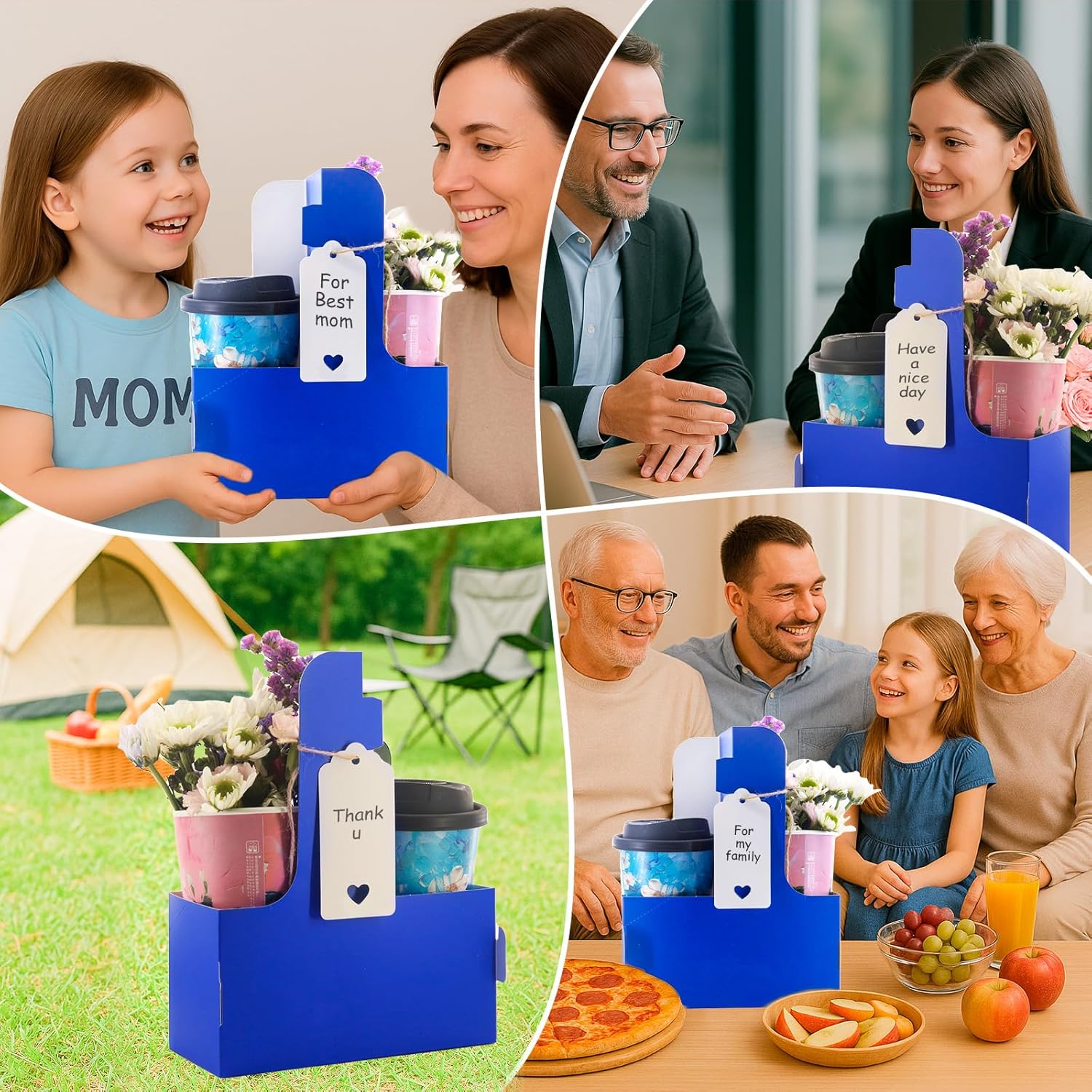 10 Pack 2 Cup Disposable Drink Carrier with Handle Paperboard Coffee Cup Holder Portable for Hot Cold Drinks Food Delivery Services with Heart Card for Teacher Appreciation Week Mother's Day