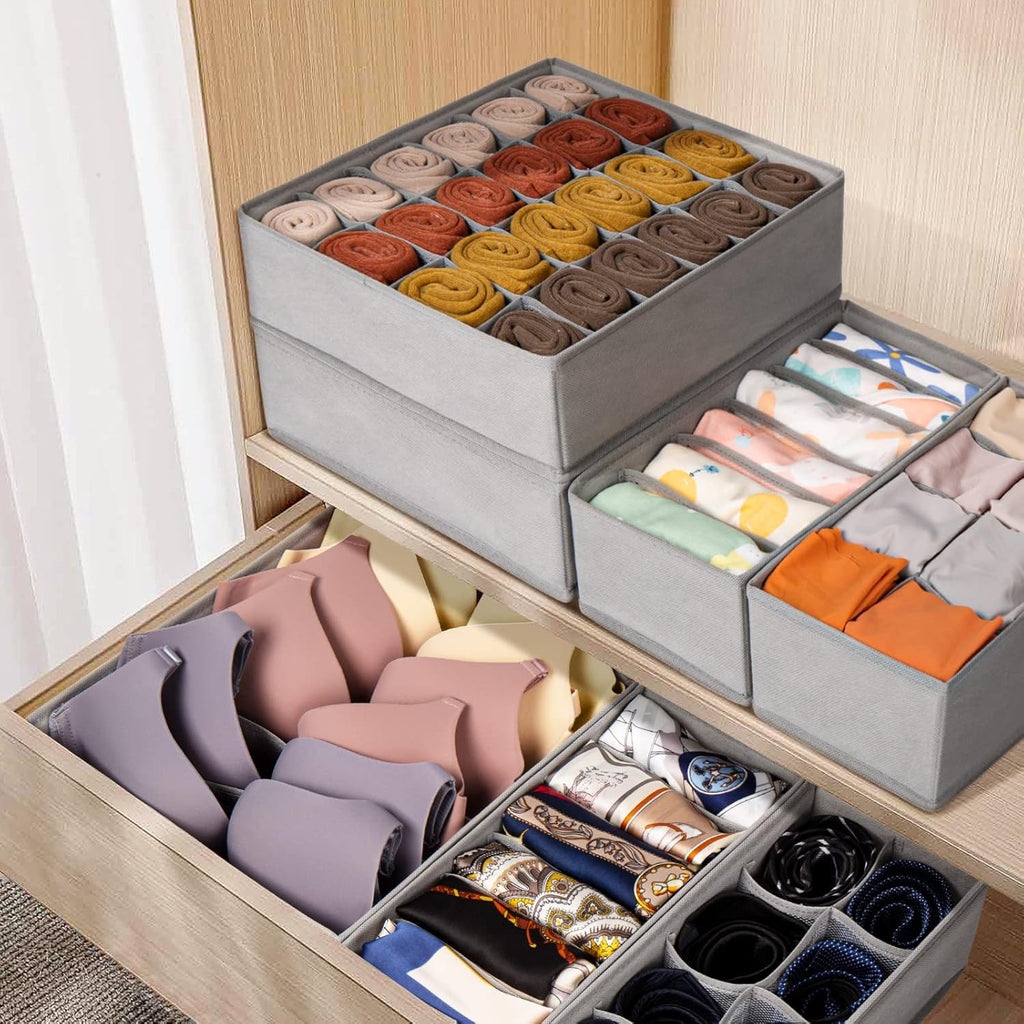 6 Pack Sock Underwear Drawer Organizer Dividers, 58 Cell Foldable Fabric Dresser Closet Organizers and Storage Bins for Clothing, Baby Clothes, Bra, Panty, Scarf, Ties (Grey)