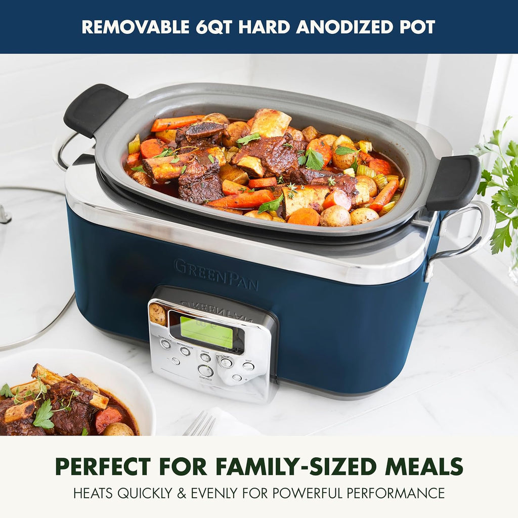 GreenPan Elite 8-in-1 Programmable 6QT Electric Slow Cooker,Dishwasher Safe Lid & Removable Crock, PFAS-Free Healthy Ceramic Nonstick Multi-Cooker,Sear, Sauté,Brown,Steam Basket,Roast, Oxford Blue