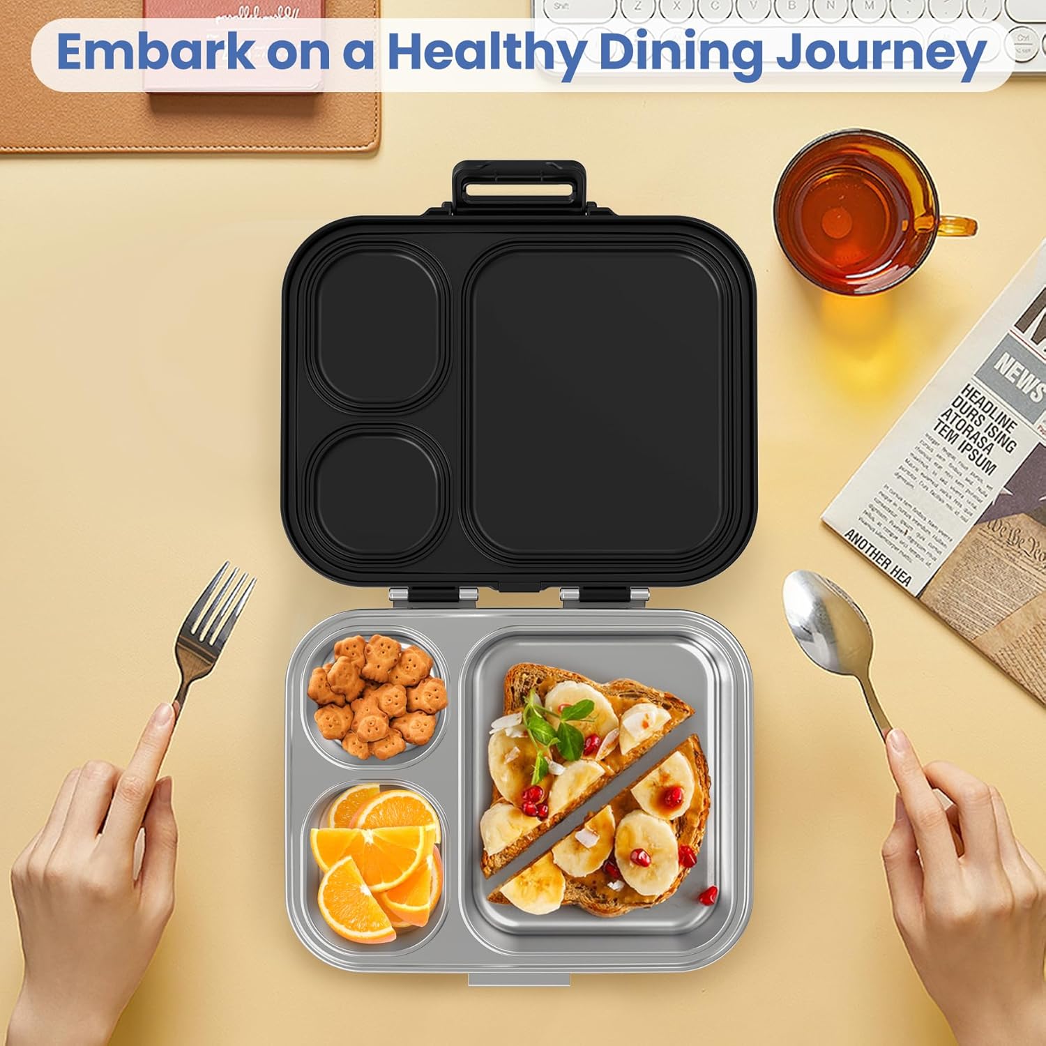 Stainless Steel Bento Lunch Box for Kids | 3-Compartment Lunch Box Container Kids | 100% Leakproof, Dishwasher-Safe, Eco-Friendly, Perfect Portion Control for Kids&Adult Healthy Meals (Black)