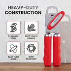 Zulay Kitchen Heavy Duty Stainless Steel Can Opener Manual with Bottle Opener - Rust Proof Manual Can Opener With Turn Knob & Comfy Soft Grip Handles - Cherry Red
