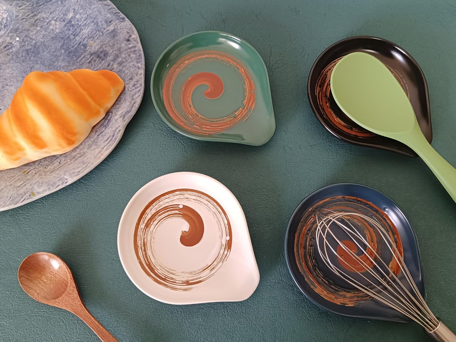 Ceramic Spoon Rest for Stove Top, Hand Painted Brown Swirl Spoon Rest for Kitchen Counter, Retro Cooking Spoon Holder for Kitchen Counter, Utensil Rest for Spatula Ladle or Tong (White)
