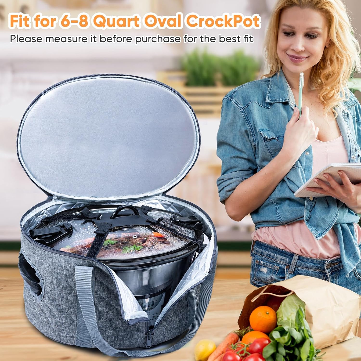 BAGSPRITE Double-layer Slow Cooker Carrying Case Compatible with 6-8 Quart Crockpot Carrier for Hot Food and Hamlton Beach Slow Cooker Tote with Lid Fastener for Crock-pot Dust Cover Applicances