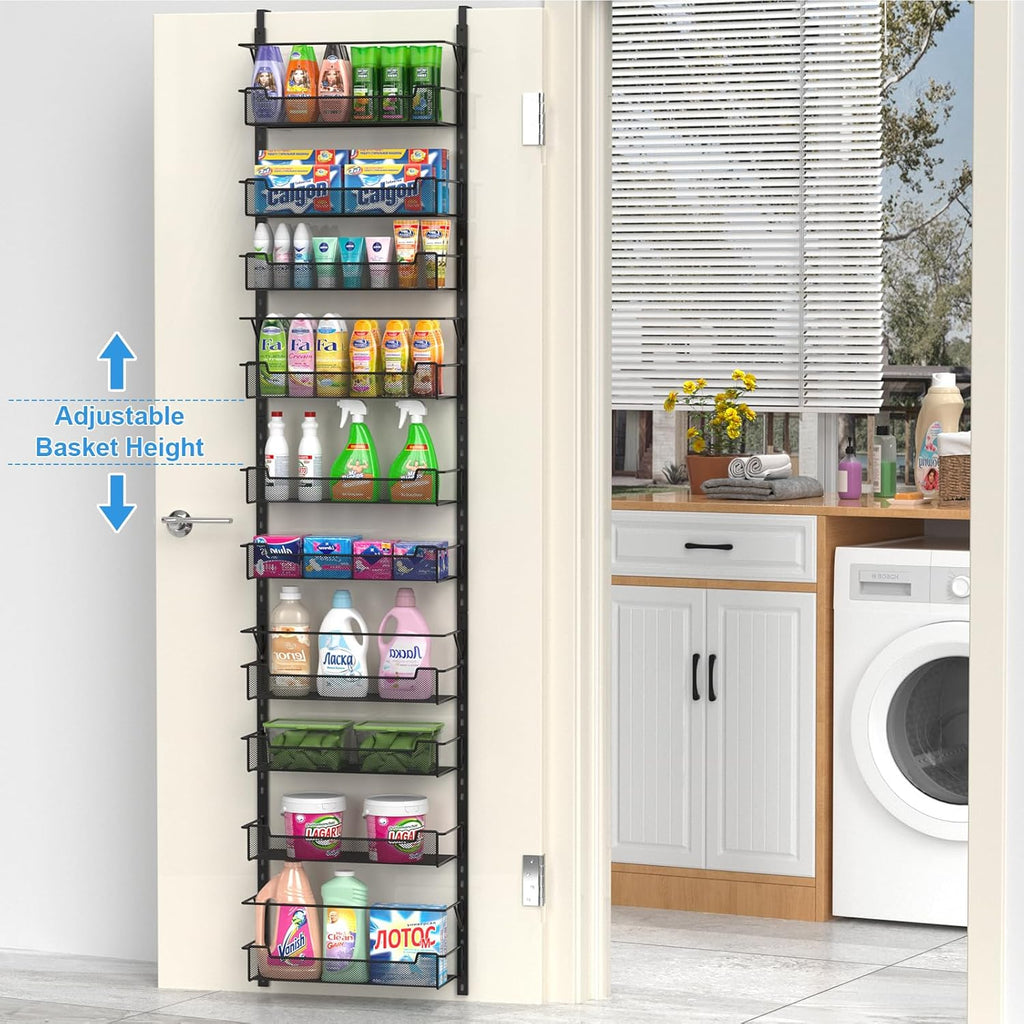 Over the Door Pantry Organizer, 10-Tier Over the Door Organizer with Adjustable Basket, Door Organization for Pantry Kitchen Storage Room Spice Rack, Black