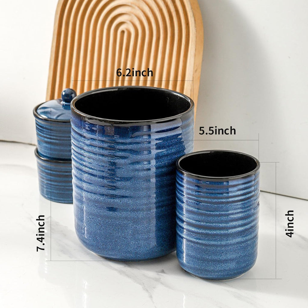 Hasense Ceramic Utensil Holder, 7.4"+5.5" Kitchen Utensil Holder Crocks for Countertop, Modern Kitchen Tool Organizer for Spatulas, Whisks, and Tongs, Farmhouse Home Decor, Set of 2, Blue