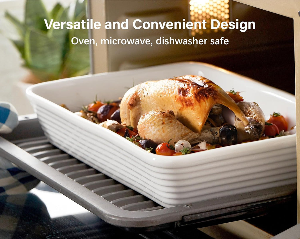 ONEMORE Ceramic Baking Dish, 9x13 Baking Pan Casserole Dish Large Rectangular Baking Dishes for Oven Deep Dish Lasagna Pan for Family Meals Ribbed White Bakeware for Roasting & Serving