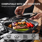 Nonstick Grilling Pan with Lid for Stove Tops, 9.5 Inch Square Grill Pan for Indoor Cooking, Granite Coating Grill Skillet with Pour Spouts, Versatile Griddle, Induction Steak Pan, PFOA Free