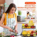 2 Tier Countertop Fruit Basket with 2 Protective Mats for Kitchen, Detachable Metal Organizer for Bread Vegetable Fruits with Wooden Handle, Large Capacity Rectangular Storage Stand Bowls, Black
