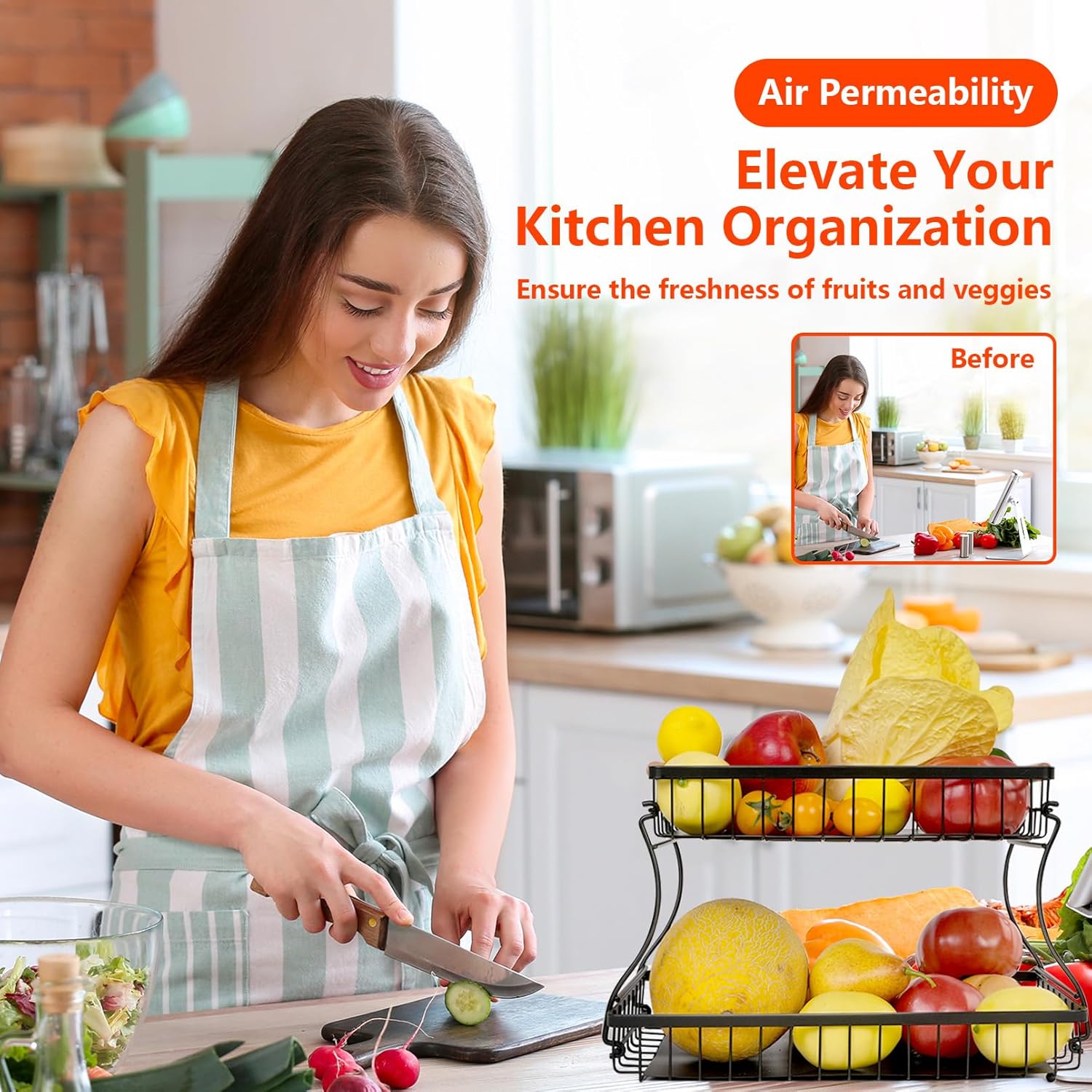 2 Tier Countertop Fruit Basket with 2 Protective Mats for Kitchen, Detachable Metal Organizer for Bread Vegetable Fruits with Wooden Handle, Large Capacity Rectangular Storage Stand Bowls, Black