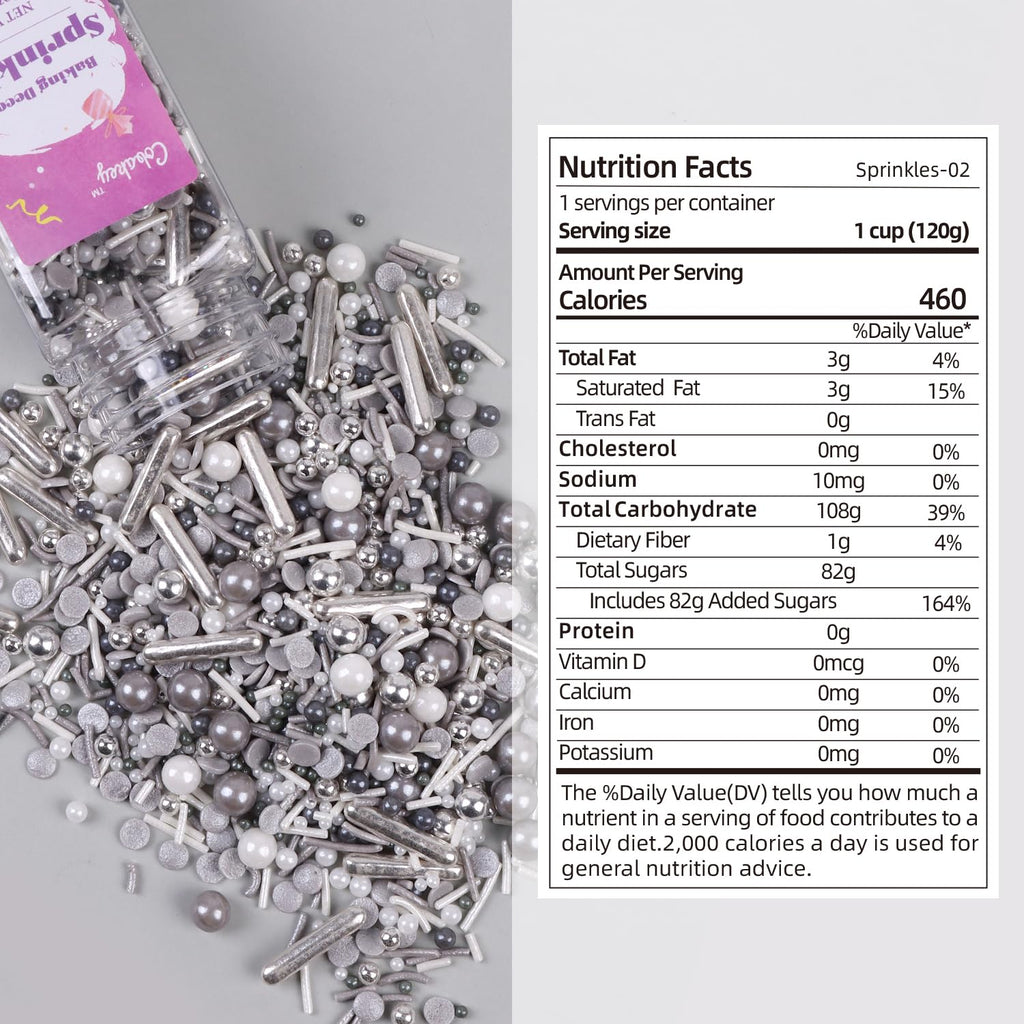 Gray & Sliver Sprinkles for Cake Decorating 4.23ounce - Sugar Mix Contains Metallic & Pearl Sprinkles for Cupcake Toppers, Ice Cream, Candy, Cookie Decorations - Holiday Party Supplies