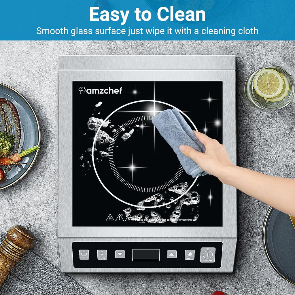 AMZCHEF Induction Cooktop Commercial, Professional Portable Burner, 1800W Countertop Stove Burner with ETL-Certified Induction Hot Plate 3 Hours Timer,8 Temperature & Power Levels,LCD Screen