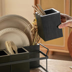 PTSTING Silverware Caddy Black Wood Silverware Holder Paper Plate Dispenser Utensil Caddy Cutlery Flatware Organizer Box for Spoons Forks Plates Napkins