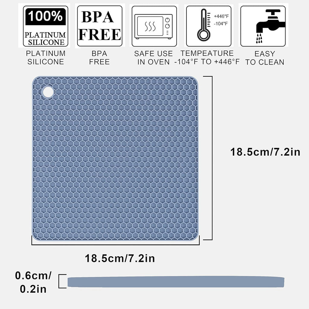 4 Pack Silicone Trivet Mat, Silicone Trivets for Hot Pots and Pans, Non-Slip & Heat Resistant Silicone Hot Pad for Kitchen Counter Mat Set, Soft Drying Mat, Jar Opener and Coasters, Square, Blue