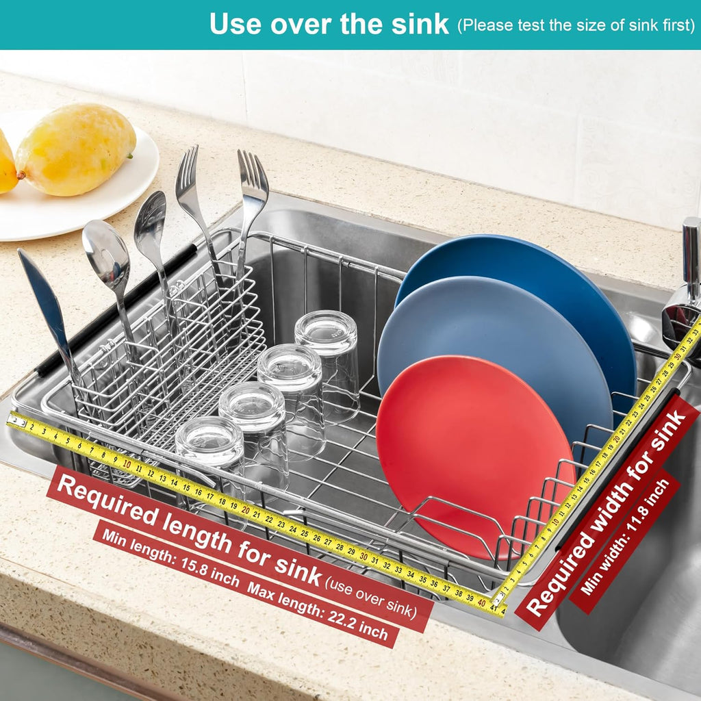 iPEGTOP Expandable Dish Drying Rack in Sink or Over Sink, Rustproof Stainless Steel Dish Drying Rack Basket Shelf, Multifunctional Dish Drainer Inside Sink Organizer with Utensil Cutlery Holder