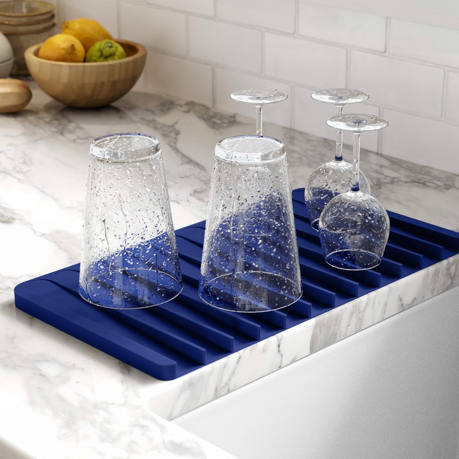 Kraus Self-Draining Silicone Dish Drying Mat or Trivet for Kitchen Counter in Dark Blue, KDM-10DB