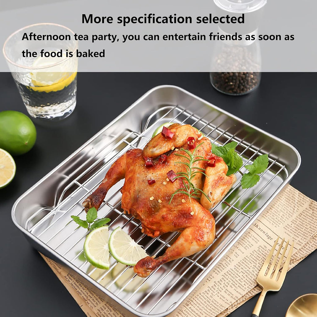 Stainless Steel Roasting Pan, Broiler Pan with Grill Rack Set, Rectangular Roaster Idea for Cooking and Baking (10.4×8.1×2inch)