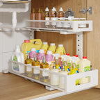 1 Pack 20.47IN Depth Under Sink Storage Organizer, Large 2-Tier Elegant Mesh Pull Out Shelf for Kitchen and Bathroom Cabinet Organization, L-Shaped and Adjustable Height Design-White