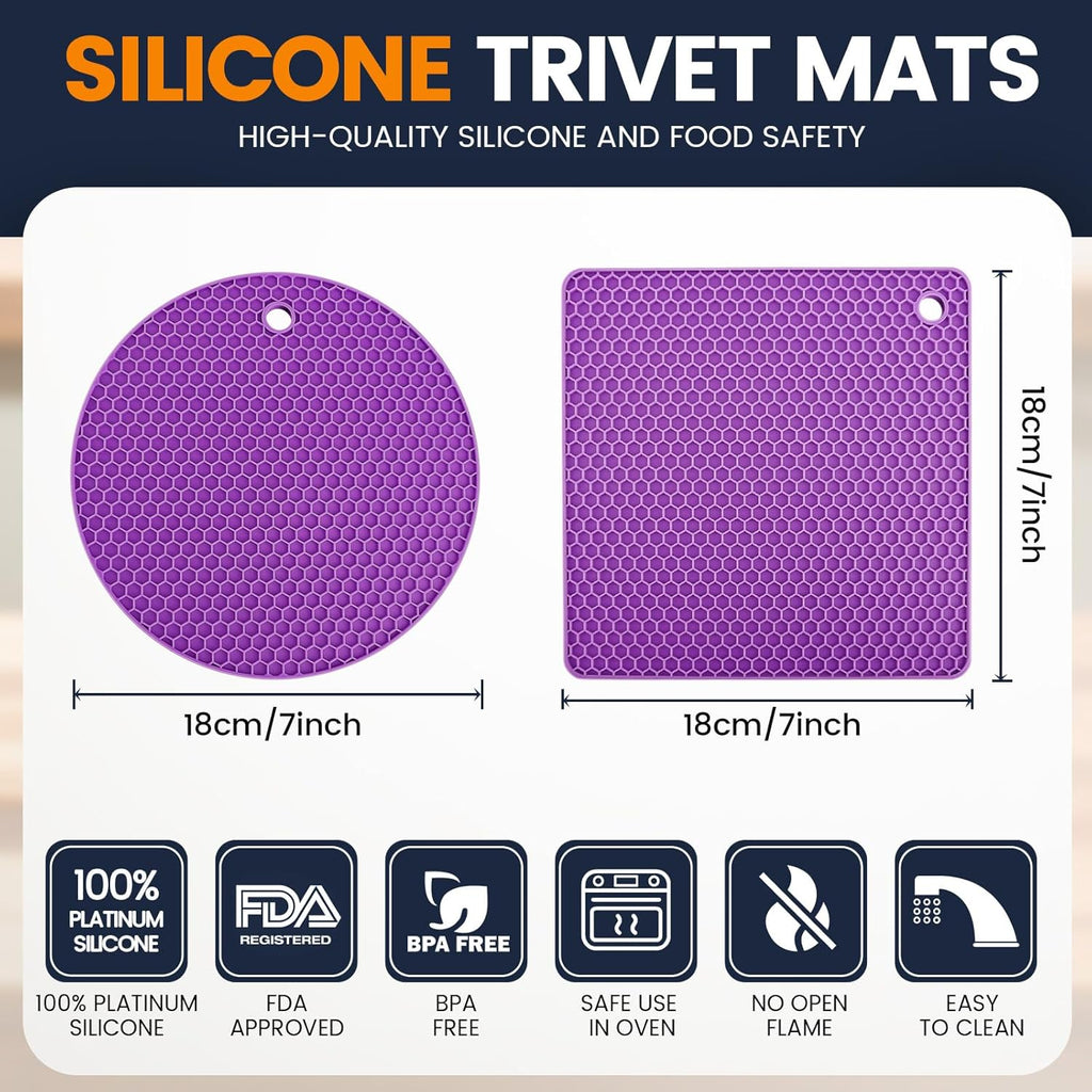 Silicone Trivet Mats 4 Heat Resistant Pot Holders Multipurpose Non-Slip Hot Pads for Kitchen Potholders, Drying mat, Jar Opener, Spoon Holder, Coaster(Violet)