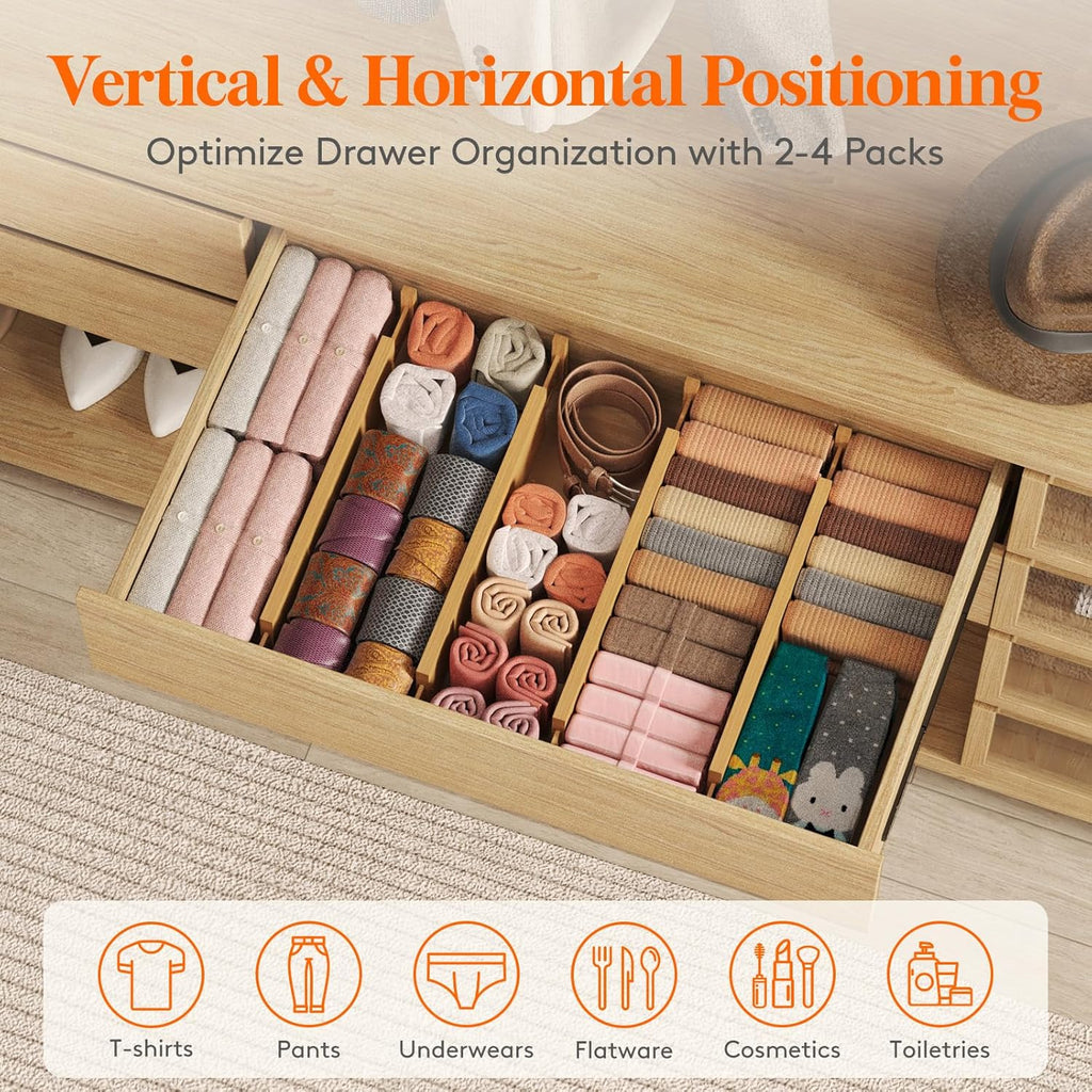 Lifewit 4 Pack Drawer Dividers Bamboo 4" High, 16-22" Adjustable Drawer Organizers for Clothes, Expandable Dresser Separators in Bedroom/Bathroom/Kitchen/Fridge/Office Organization and Storage