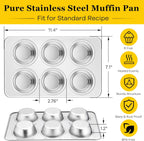 Homikit 2 Pack Muffin Pan, Stainless Steel Cupcake Baking Tin with 6 Cups Regular Size, 11.4 x 7 Inches Metal Egg Bites Tray for Toaster Oven, Rust Free & Non Toxic, Easy Release & Dishwasher Safe