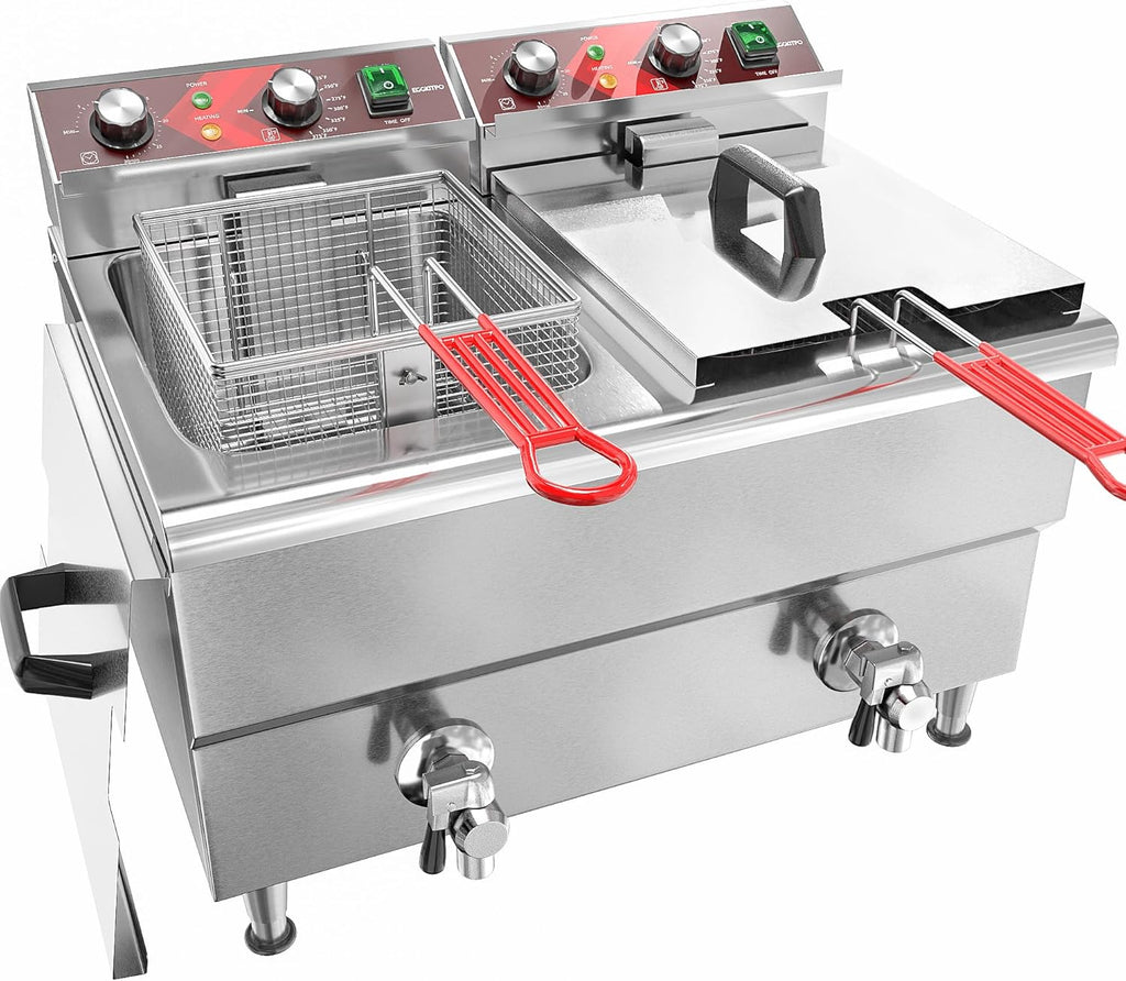 Commercial Fryer Stainless Steel Electric Deep Fryer with Oil Filtration and Timer 24L Large Capacity Dual Tank Fryer with Baskets and Lids Countertop Deep Fryer for Restaurant Use 120V 3500W