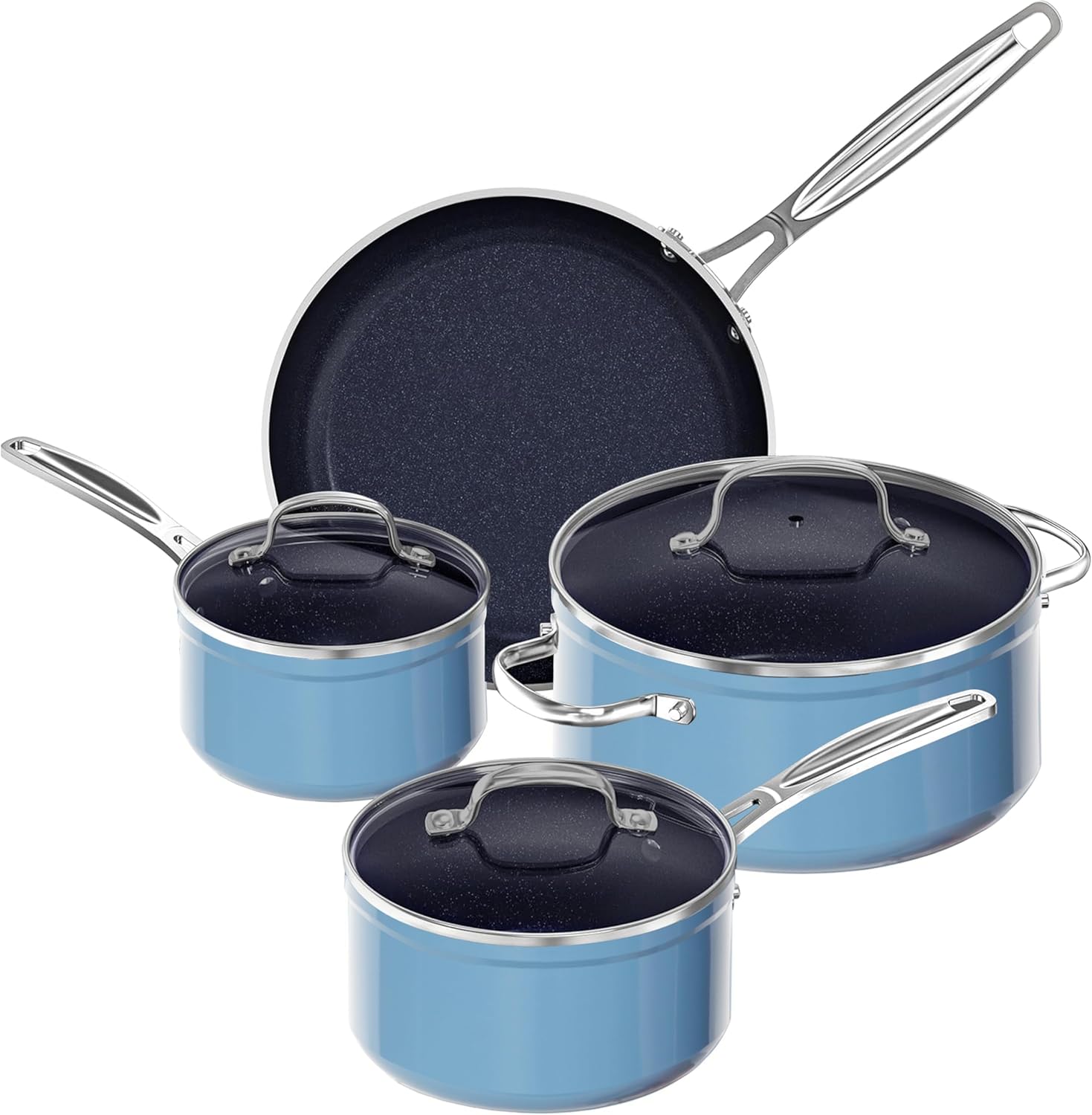 Nuwave 7pc Cookware Set Healthy Duralon Blue Ceramic Nonstick Coated, Diamond Infused Scratch-Resistant, PFAS Free, Oven Safe, Induction Ready & Evenly Heats, Tempered Glass Lids & Stay-Cool Handle