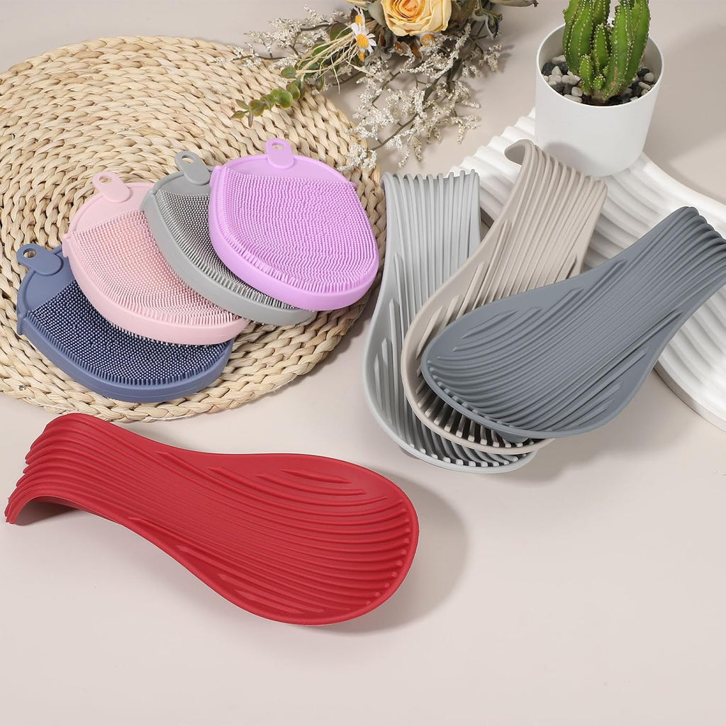 uxcell 1 Set Silicone Spoon Rest for Stove Top, Silicone Spoon Holder for Cooking Spatula, Ladle, Brush Khaki/Dark Blue