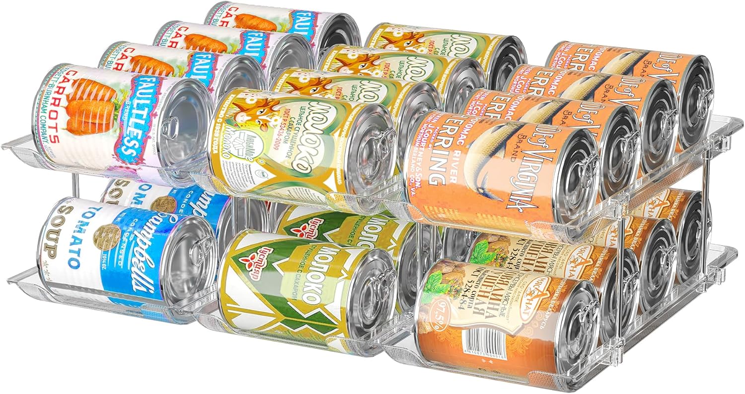 Can Organizer for Pantry, 3 Sets 2Tiers Can Storage Organizer Pantry, Soda Can Organizer for Fridge 24 Cans Rack Automatic Rolling Stackable Canned Food Organizer,Clear