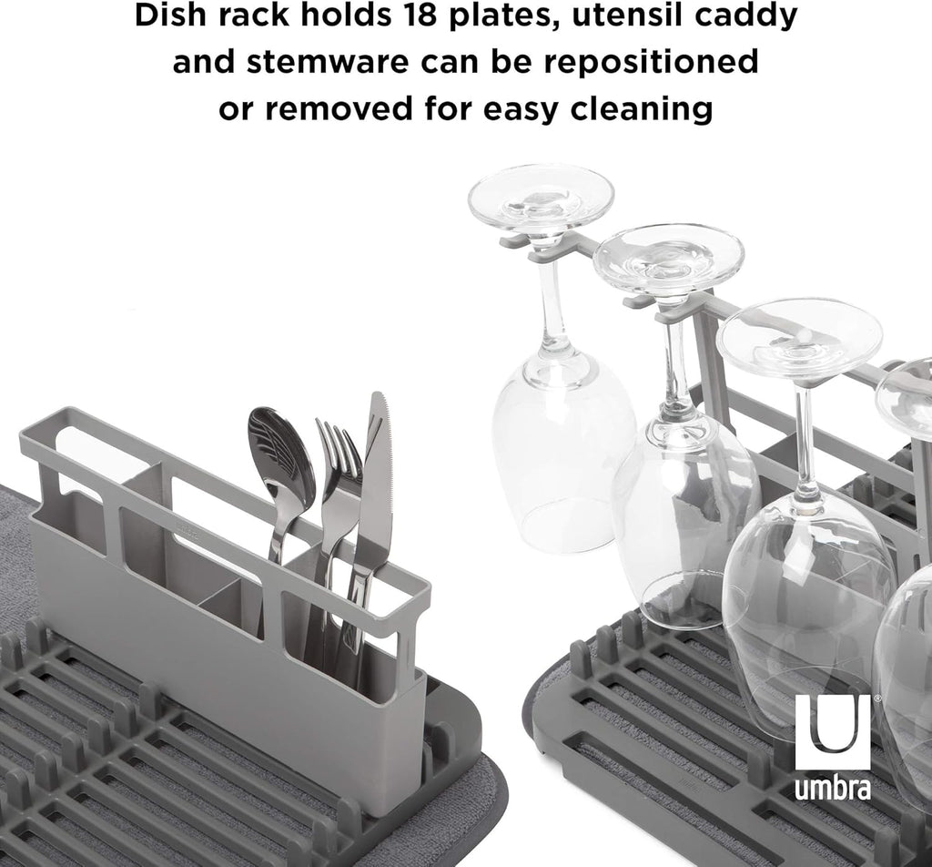 Umbra Udry Dish Rack and Microfiber Drying Mat – Space-Saving Design Folds Up for Easy Storage, Rack with Caddy, Gray