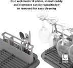 Umbra Udry Dish Rack and Microfiber Drying Mat – Space-Saving Design Folds Up for Easy Storage, Rack with Caddy, Gray