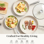 Redchef Nonstick Cookware Sets, Frying Pan Set with Tempered Glass Lids, Ceramic Cookware Set, Stay-Cool Handles, Dishwasher & Oven Safe, Compatible with All Cooktops, Beige (8+9.5+11 Inch)