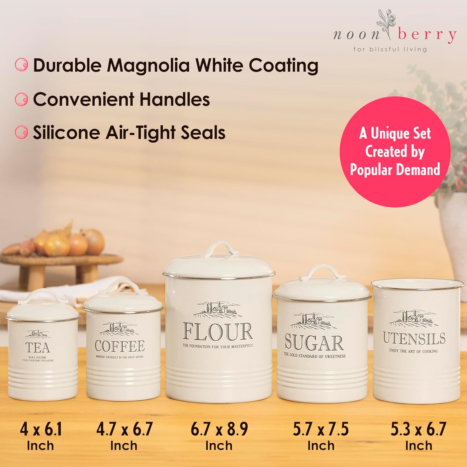 Kitchen Canisters for Countertop – Set of 5 White Canister Sets for the Kitchen Counter - Sugar and Flour Airtight Containers - Rustic Farmhouse Storage