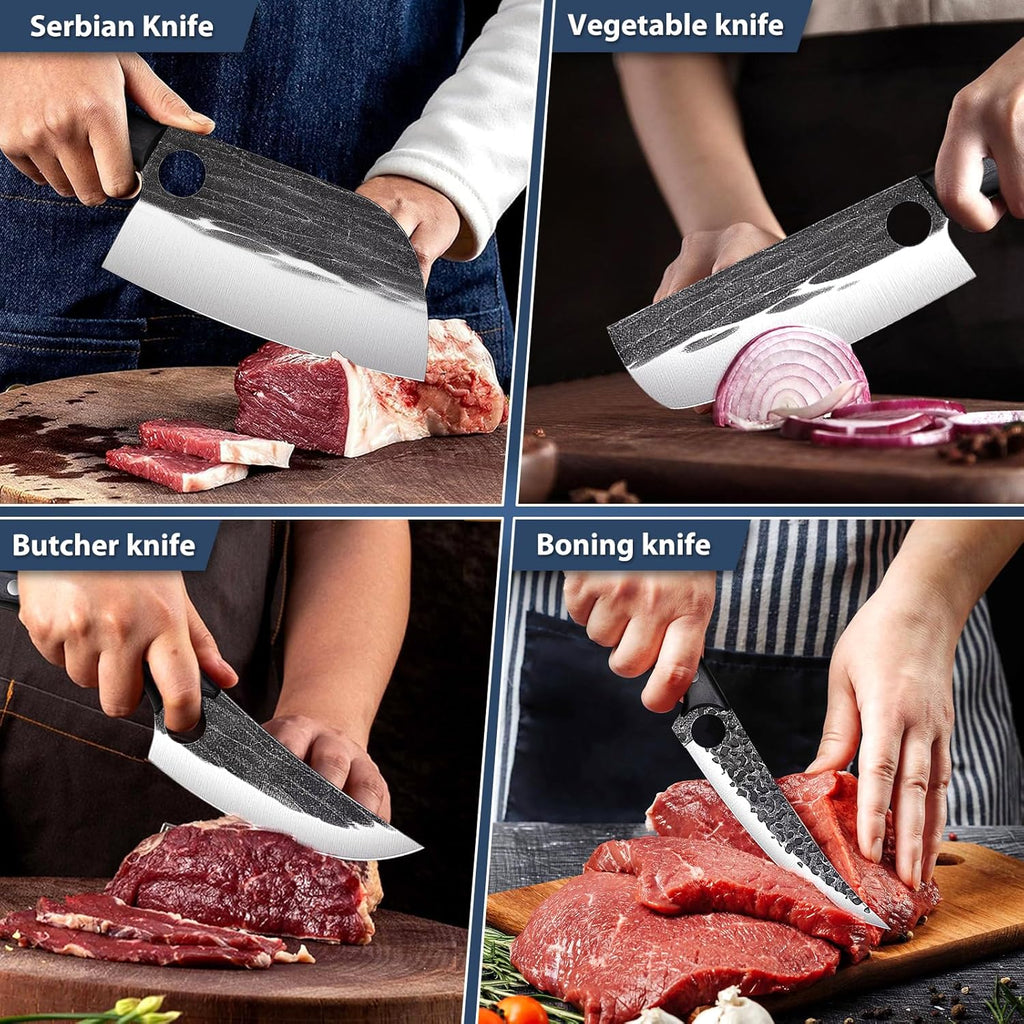 TIVOLI Professional Butcher Knife Set for Meat Processing, 7Pcs High Carbon Steel Hand Forged BBQ Knife Sets, Serbian Chef Knife Set with Ergonomic Handle for Kitchen Outdoor Cooking Father's Day Gift